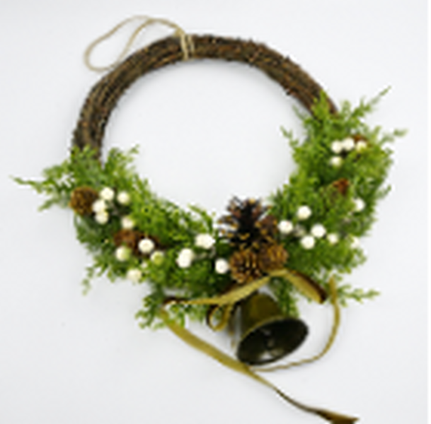 Twig Wreath With white Berry, Pinecones with Bells and Bow Detail Large