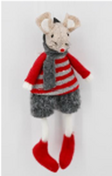 Fabric Hanging Boy Mouse in Red and Grey Stripey Outfit