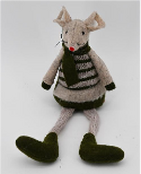 Fabric Sitting Boy Mouse In Green and Brown Stripey Outfit