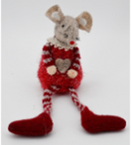 Fabric Sitting Mouse with Heart Detail Red