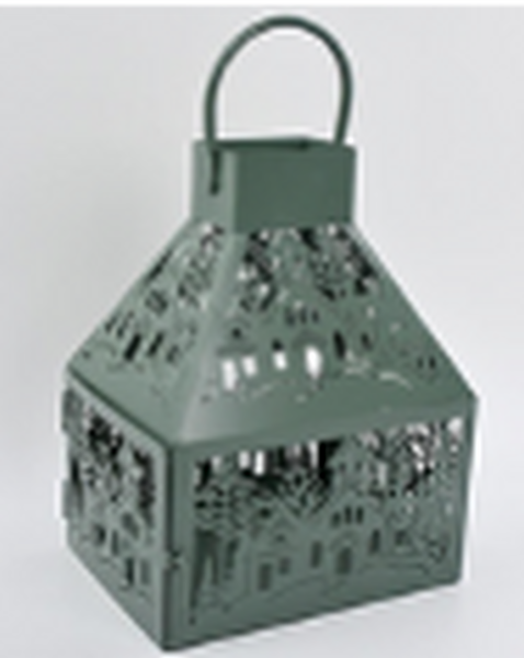 Metal Lantern with Cutout Christmas scene Dark Sage Green