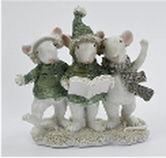 Resin Trio of Caroling Mice White and Sage Green