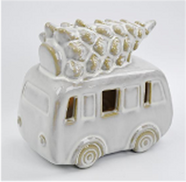 Ceramic Natural Camper Van with Christmas Tree on Roof