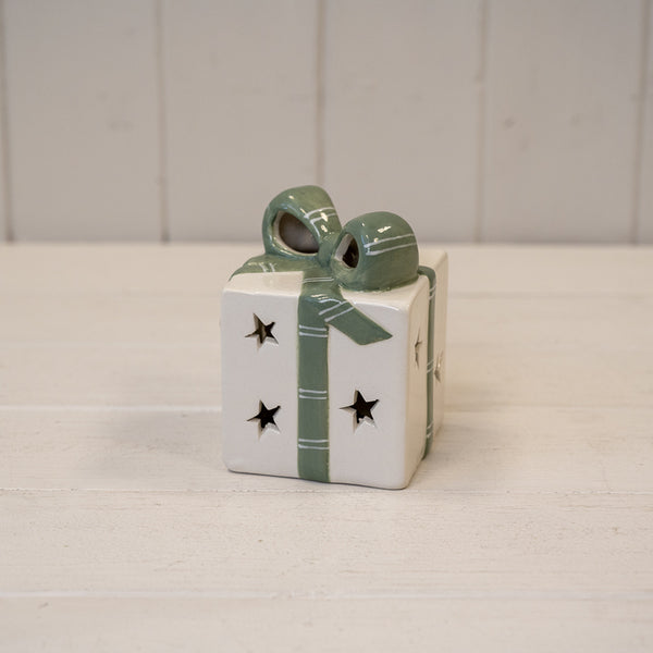 White/Green Ceramic Present with LED L8xW8xH10cm