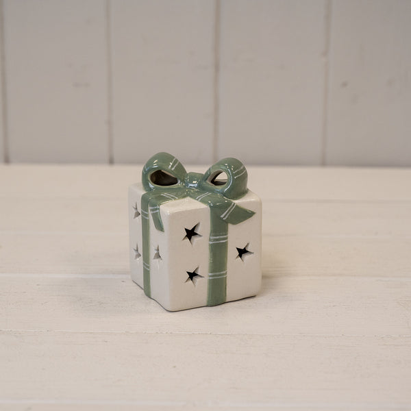 White/Green Ceramic Present with LED L6.5xW6.5xH8.5cm