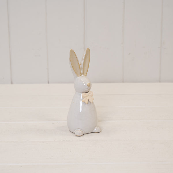 Small Ceramic Natural Rabbit with Bow Detail 6.2cm x 5.3cm x 14.5cm