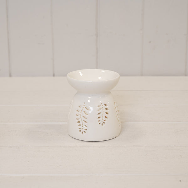 Small White Ceramic Glazed Oil Burner with Leaf Design