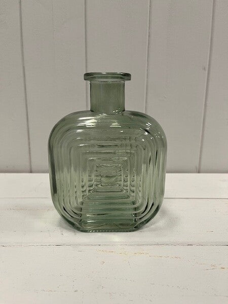 Vintage Green Square Glass Bottle with Ribbed Design
