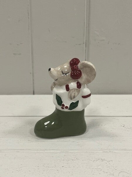 Ceramic Mouse in Green Stocking